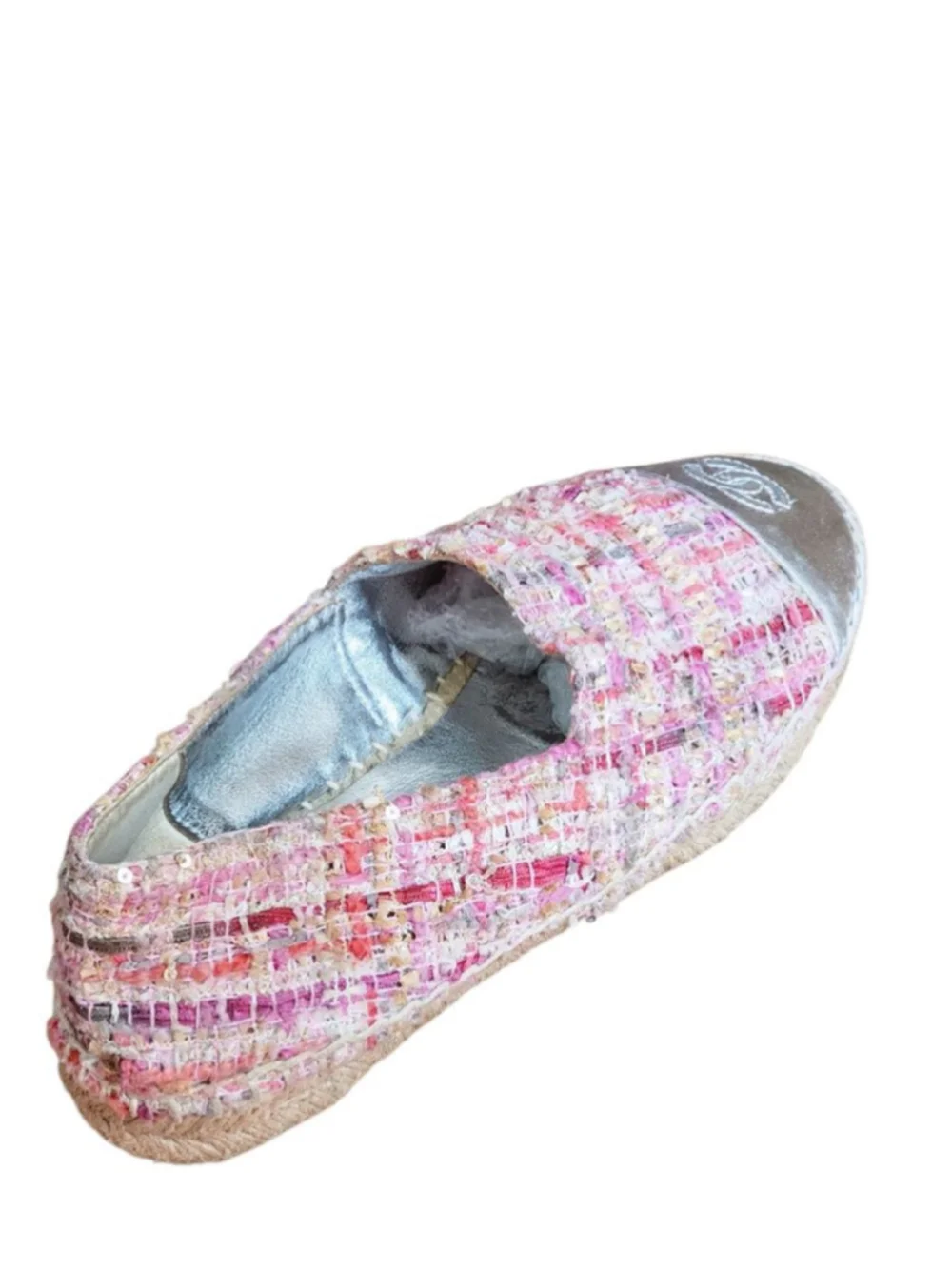 CHANEL Tweed Espadrilles Silver Metallic Cap Toe Flats Size‎ 36 6 Pink